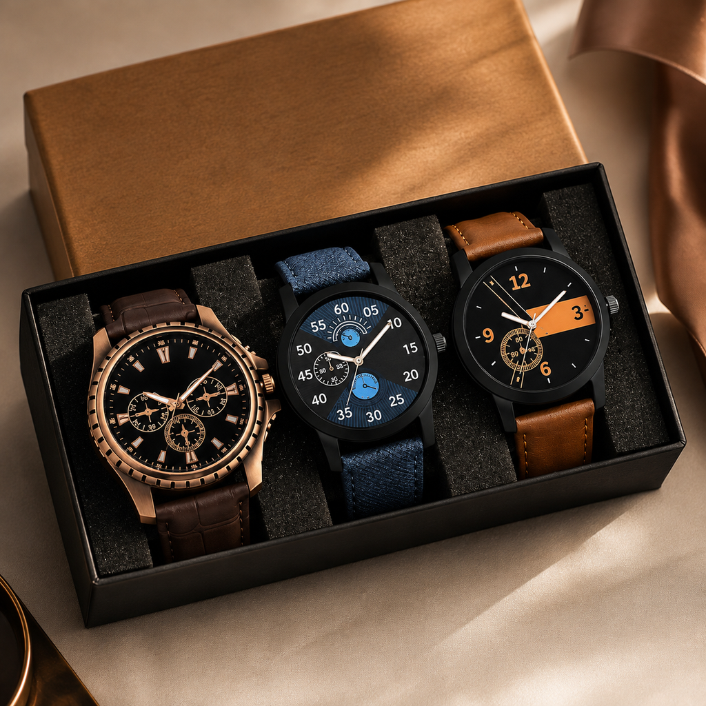 Men’s 3-Piece Analog Watch Set | Stylish Multicolor Dial Watches with Leather & Fabric Straps | Premium Gift Set for Men