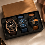 Men’s 3-Piece Analog Watch Set | Stylish Multicolor Dial Watches with Leather & Fabric Straps | Premium Gift Set for Men