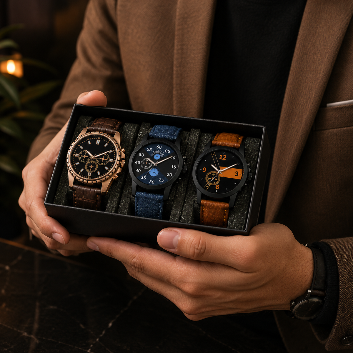 Men’s 3-Piece Analog Watch Set | Stylish Multicolor Dial Watches with Leather & Fabric Straps | Premium Gift Set for Men