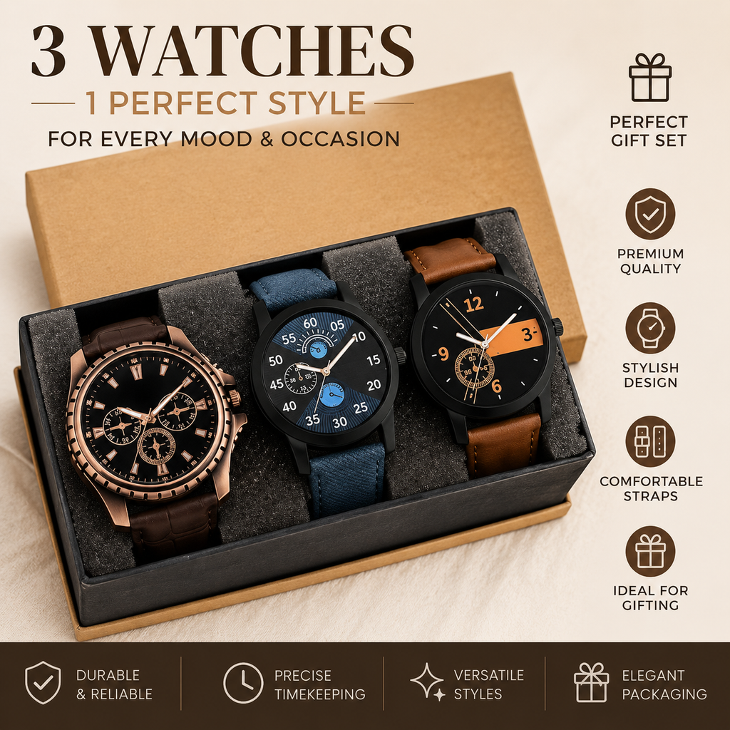 Men’s 3-Piece Analog Watch Set | Stylish Multicolor Dial Watches with Leather & Fabric Straps | Premium Gift Set for Men
