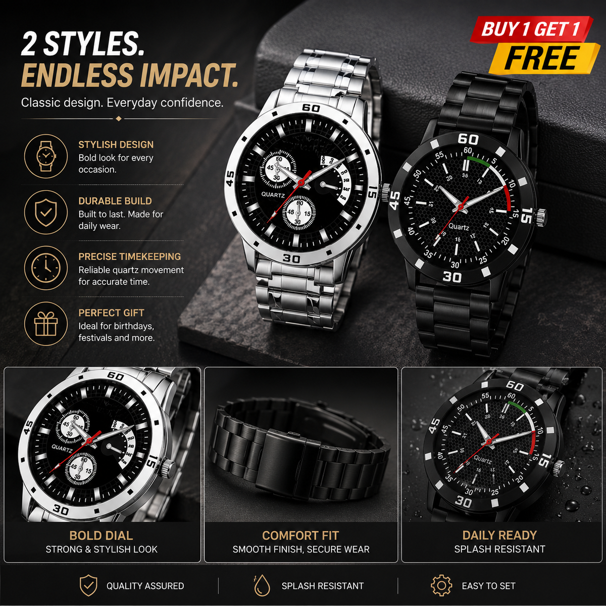 Analog Watch & Bracelet Combo for Men & Boys | Black Round Dial Quartz Watch Set | PU Strap | Stainless Steel Case | 2-Piece Combo