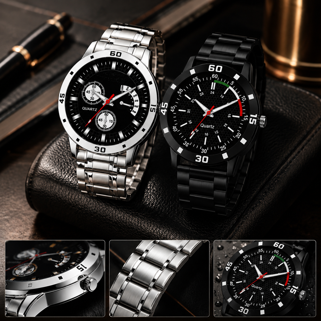 Analog Watch & Bracelet Combo for Men & Boys | Black Round Dial Quartz Watch Set | PU Strap | Stainless Steel Case | 2-Piece Combo