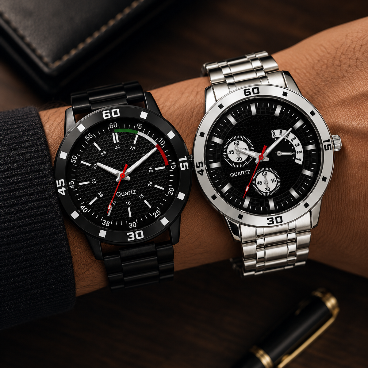 Analog Watch & Bracelet Combo for Men & Boys | Black Round Dial Quartz Watch Set | PU Strap | Stainless Steel Case | 2-Piece Combo