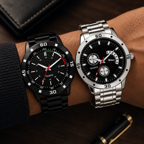 Analog Watch & Bracelet Combo for Men & Boys | Black Round Dial Quartz Watch Set | PU Strap | Stainless Steel Case | 2-Piece Combo