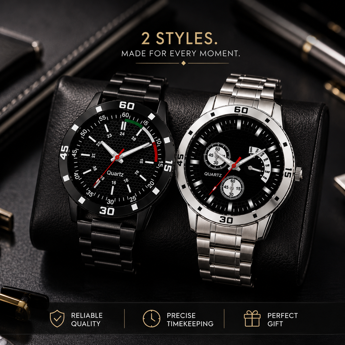 Analog Watch & Bracelet Combo for Men & Boys | Black Round Dial Quartz Watch Set | PU Strap | Stainless Steel Case | 2-Piece Combo