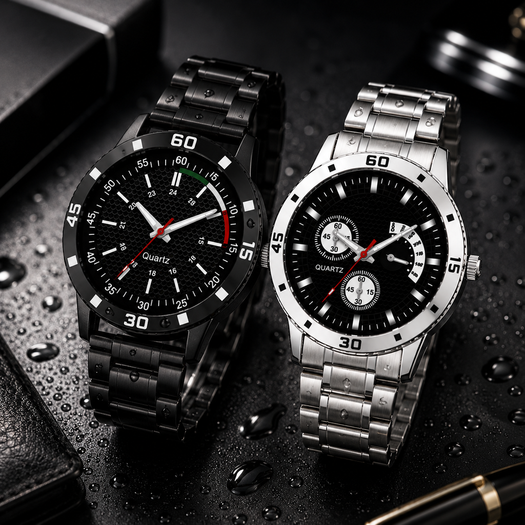 Analog Watch & Bracelet Combo for Men & Boys | Black Round Dial Quartz Watch Set | PU Strap | Stainless Steel Case | 2-Piece Combo