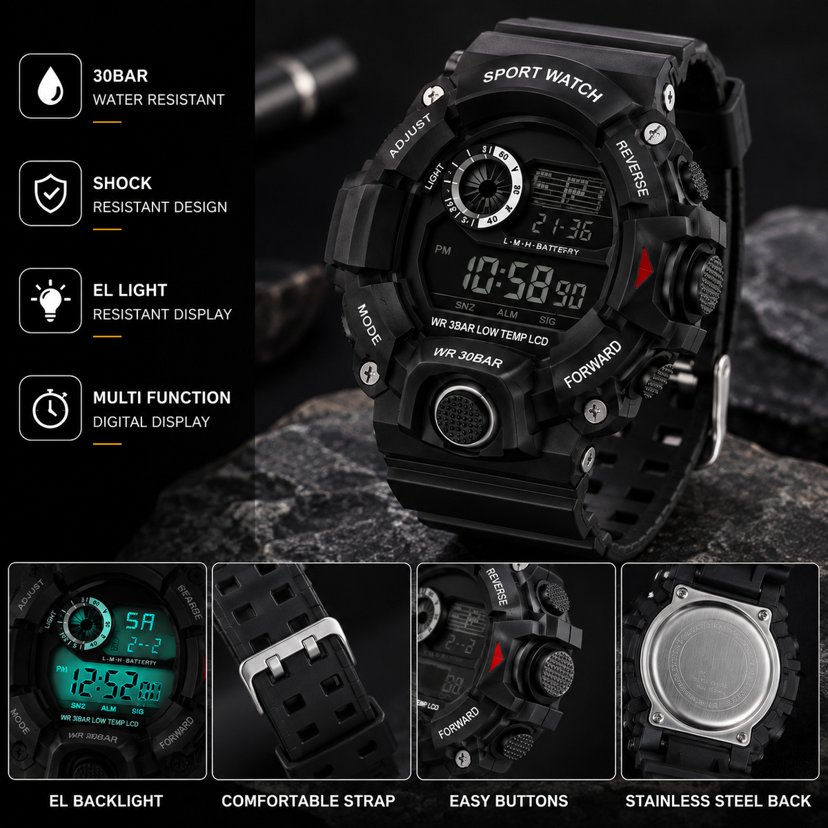 Men’s Digital Sports Watch | Rugged Black Outdoor Watch | Shock-Resistant Style | LCD Display | Sporty Design