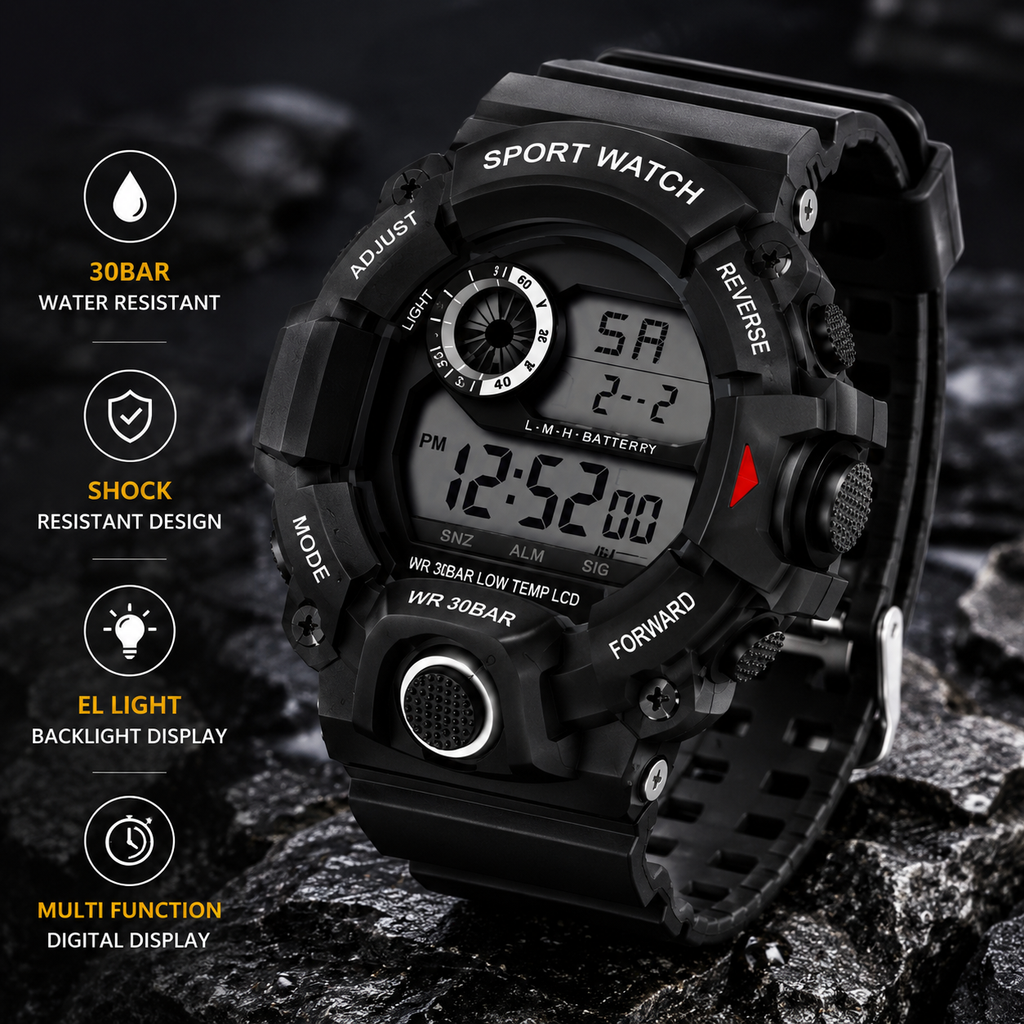Men’s Digital Sports Watch | Rugged Black Outdoor Watch | Shock-Resistant Style | LCD Display | Sporty Design