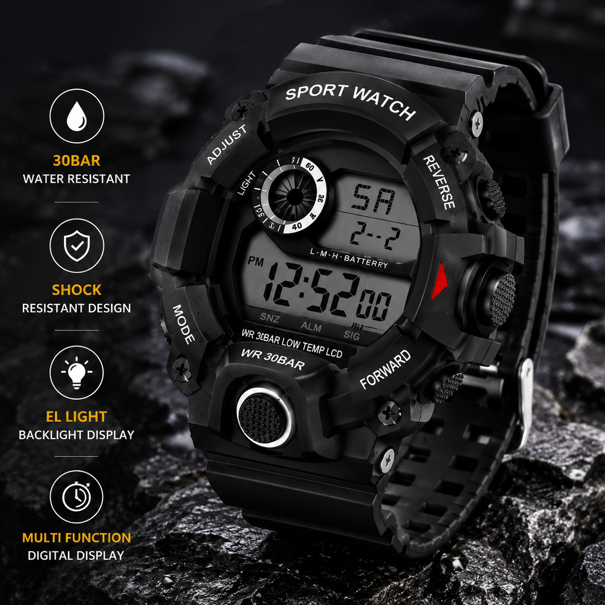 Men’s Digital Sports Watch | Rugged Black Outdoor Watch | Shock-Resistant Style | LCD Display | Sporty Design