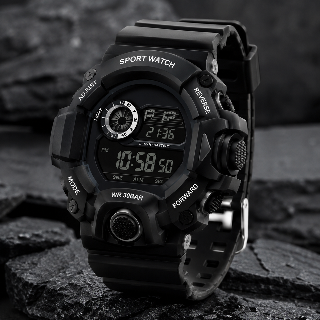 Men’s Digital Sports Watch | Rugged Black Outdoor Watch | Shock-Resistant Style | LCD Display | Sporty Design