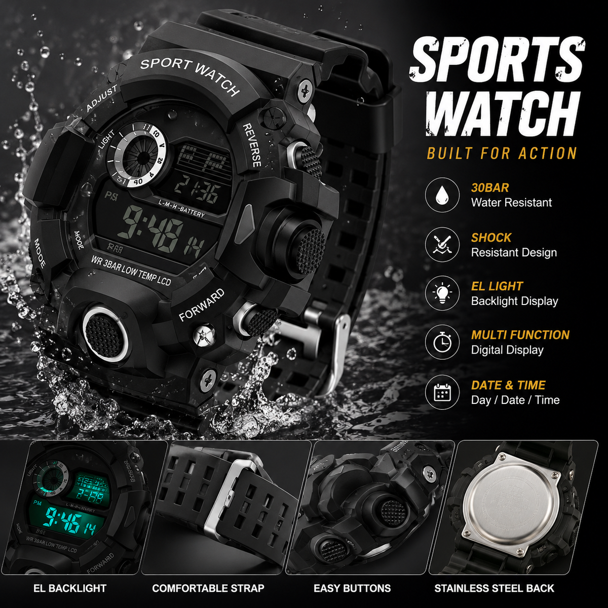 Men’s Digital Sports Watch | Rugged Black Outdoor Watch | Shock-Resistant Style | LCD Display | Sporty Design