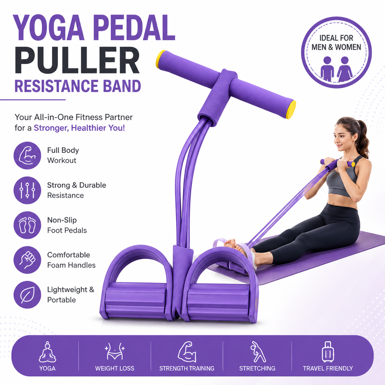 Yoga Pedal Puller Resistance Band-4 Pull, Body Building Stretching Band Men and Women