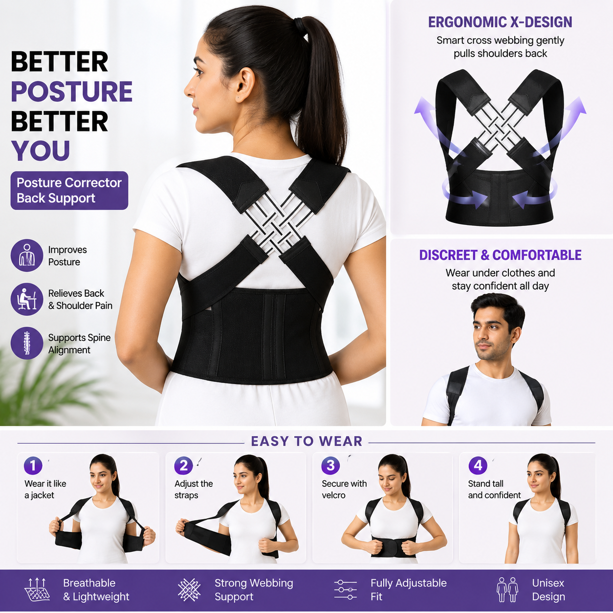 Back Brace Posture Corrector for Men and Women,Adjustable Back Posture Belt Invisible