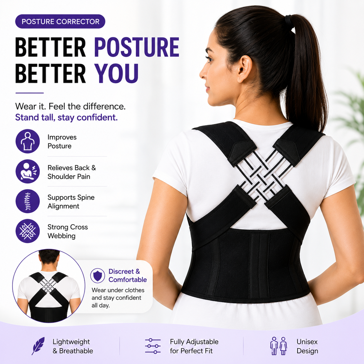 Back Brace Posture Corrector for Men and Women,Adjustable Back Posture Belt Invisible