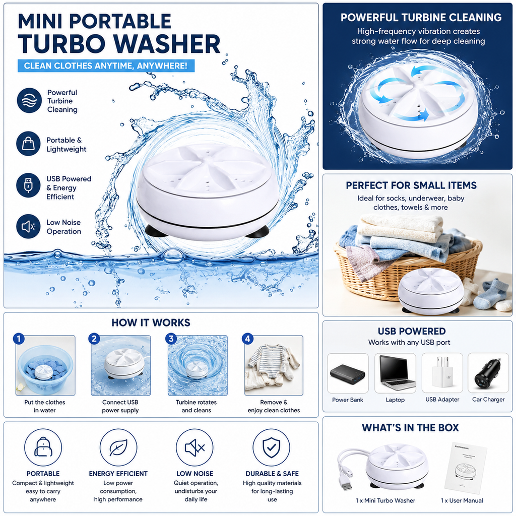 Portable Washing Machine, Mini Ultrasonic Washing Machine 3 in 1 Dishwashers Ultrasonic Waves Suitable for Home