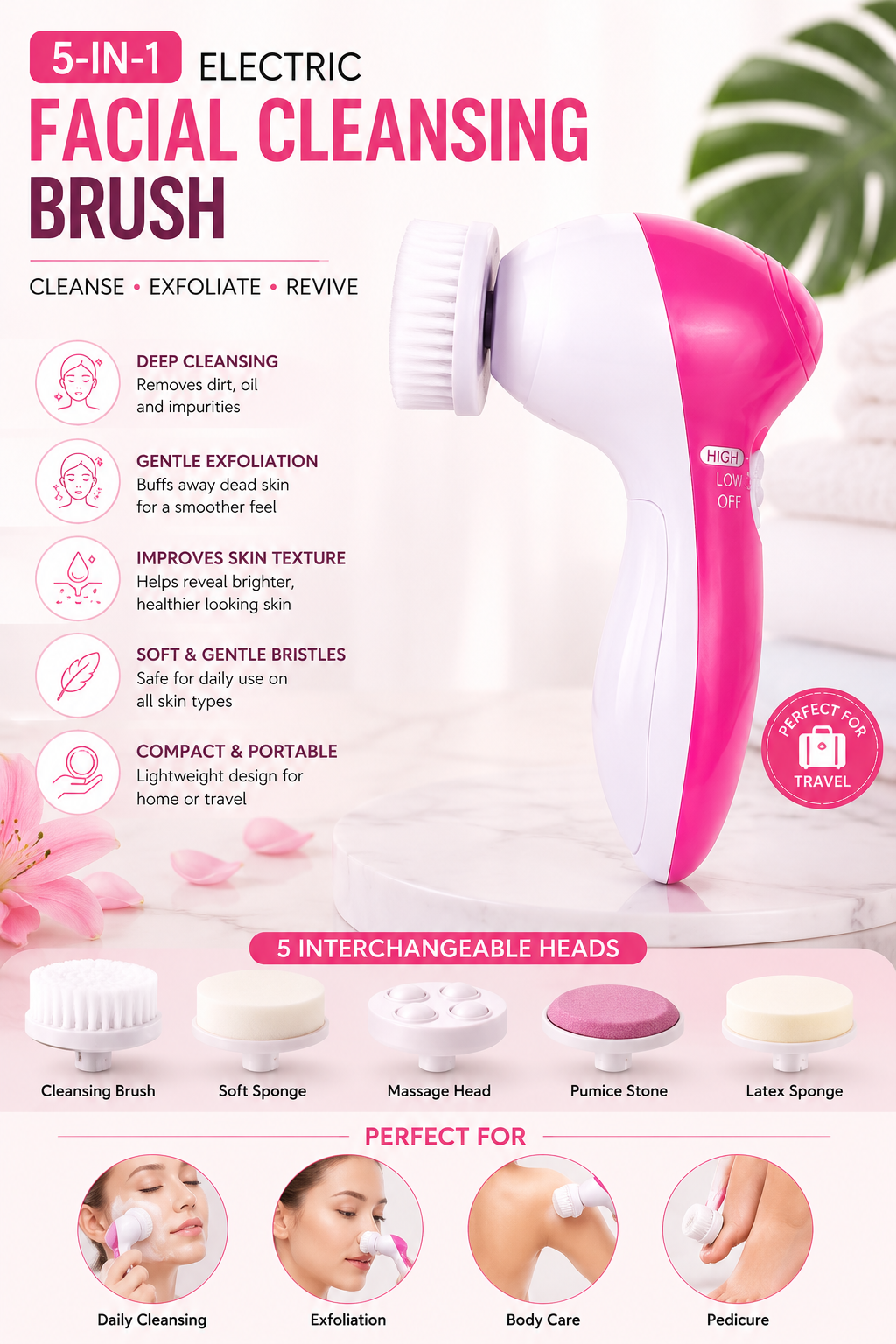 Multifunction Beauty Care Brush Deep Clean 5 in 1 Portable Facial Cleaner Relief Face Massage Machine